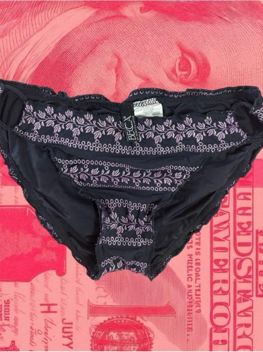 becca swim black and purple floral lace low rise hipster beach bikini bottoms